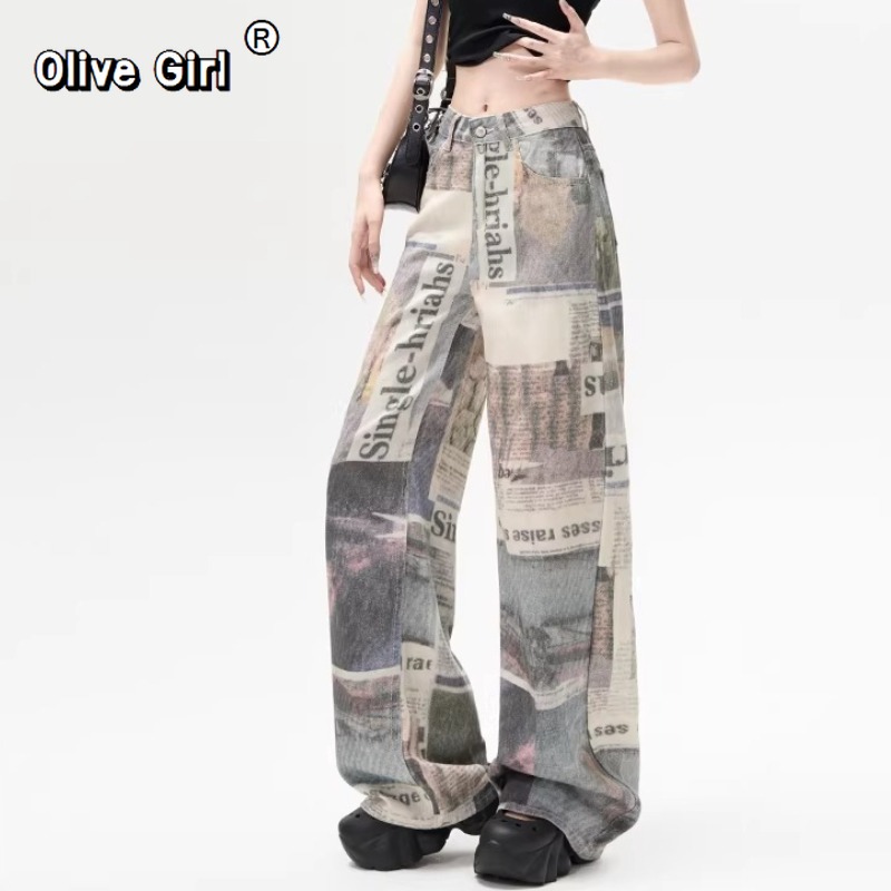 Mom Jean High Rise - Olivegirl Damskie spodnie jeansowe z nadrukiem,