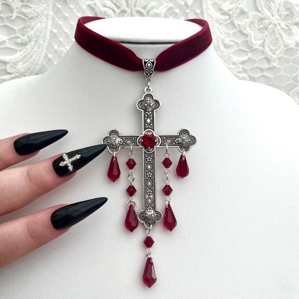 Vintage Fashion Retro Outfit - Retro Naszyjnik Choker z Dużym Krzyżem