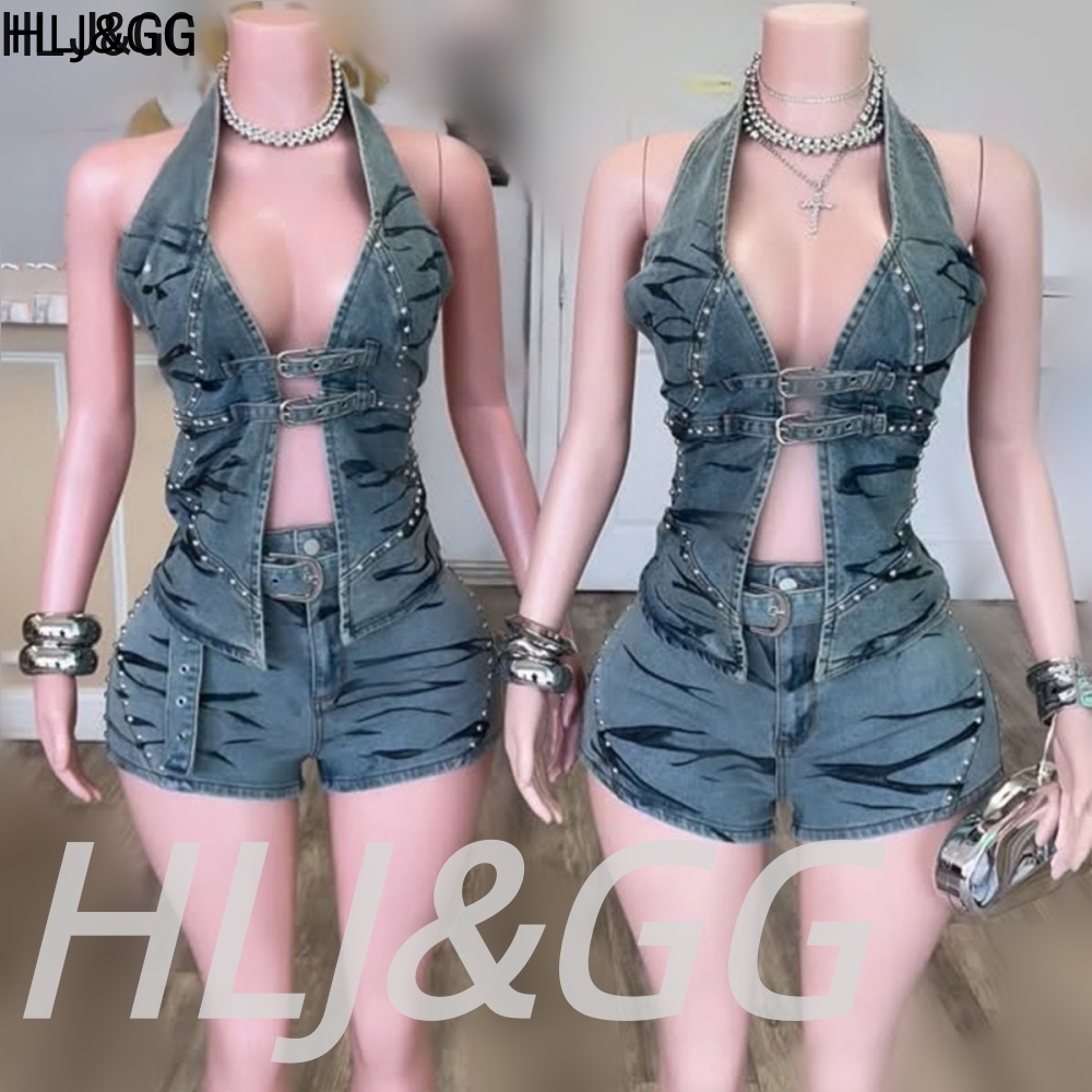 Vintage Fashion Club - HLJ&GG Niebieski Vintage Denimowy Zestaw Dwuczęściowy